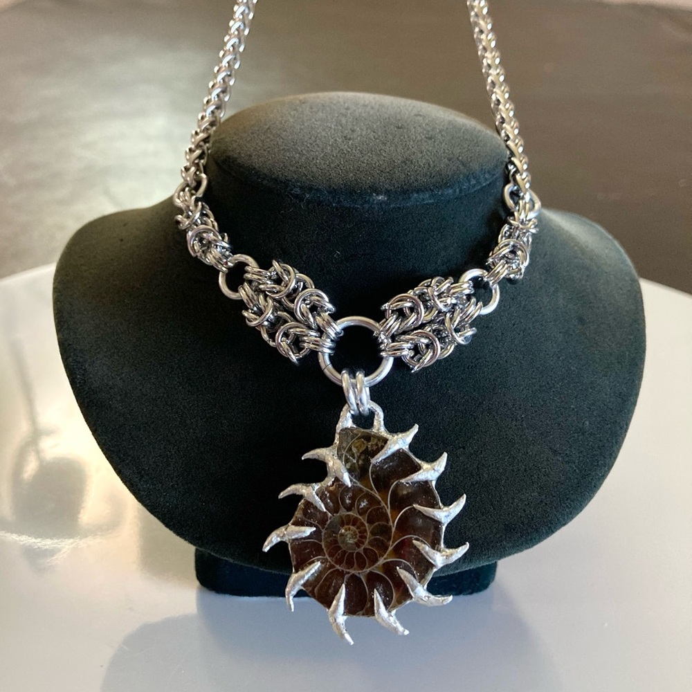 Genuine ammonite fossil shell with spikes on maille silver boho choker necklace
